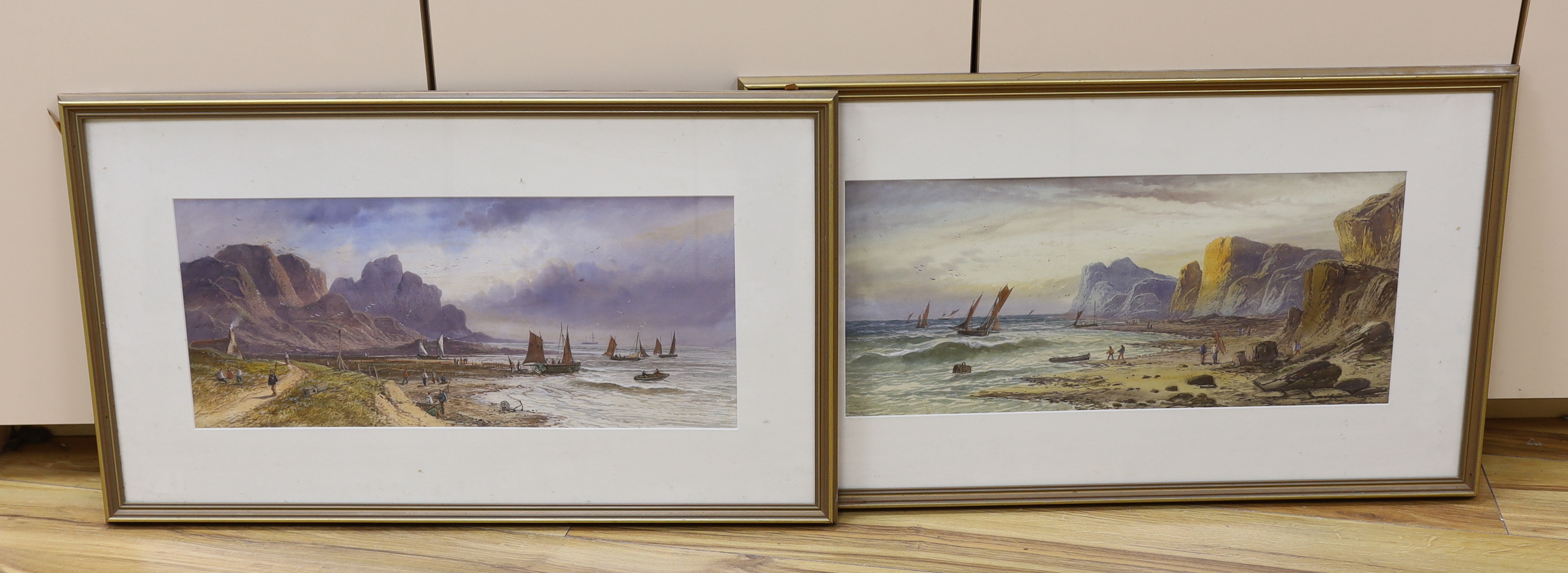 Leonard Lewis (1826-1913), pair of watercolours, Coastal scenes with fishermen, signed and indistinctly dated, 22 x 52cm